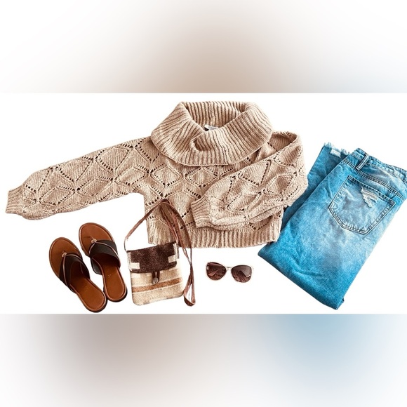 FAVLUX Tan Cowl Neck Cropped Sweater with Diamond Knit - Picture 1 of 8